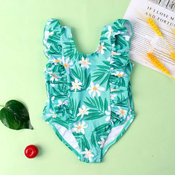 New Girls' One-piece Ruffled Green Leaf Pattern Swimsuit - Image 7