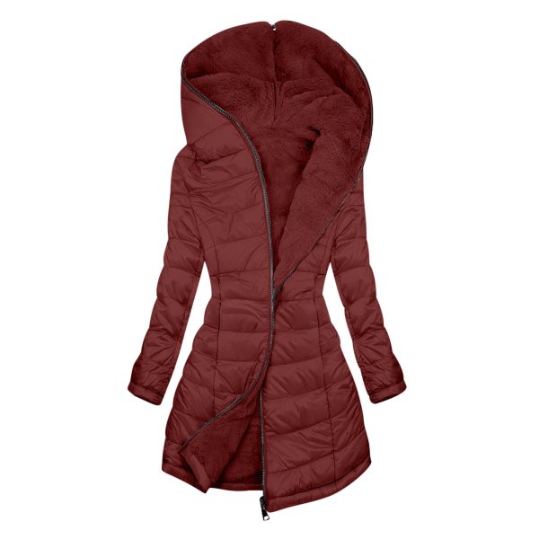 European And American Zipper Outer Wear Hooded Warm Fleece-lined Mid-length Winter Women's Coat - Image 3