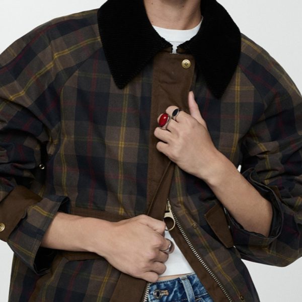 Autumn And Winter Plaid Fur Collar Cotton-padded Coat - Image 2
