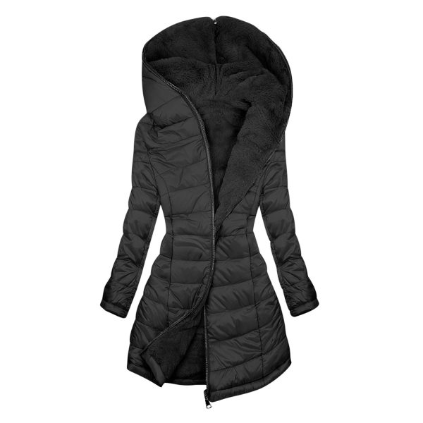 European And American Zipper Outer Wear Hooded Warm Fleece-lined Mid-length Winter Women's Coat - Image 4
