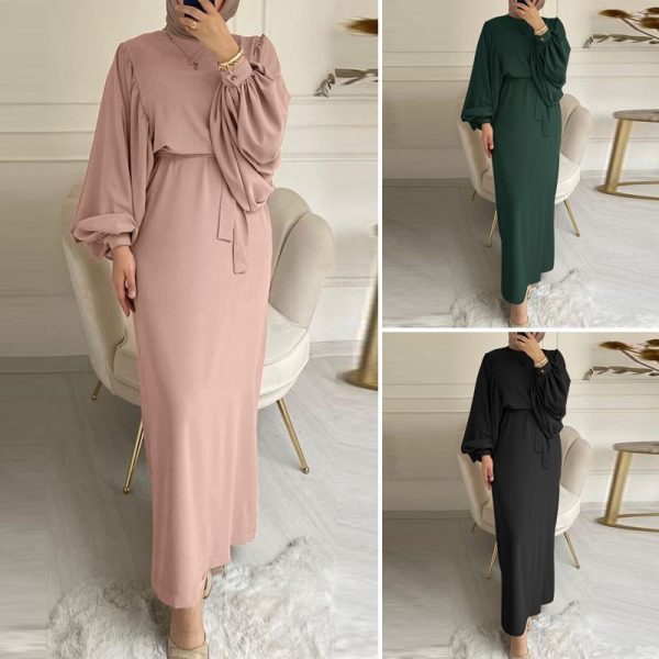 Solid Color Long Sleeve Casual Muslim Dress Robe Robe Dress - Image 2