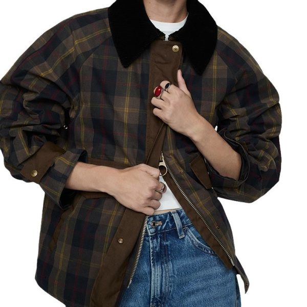 Autumn And Winter Plaid Fur Collar Cotton-padded Coat - Image 7