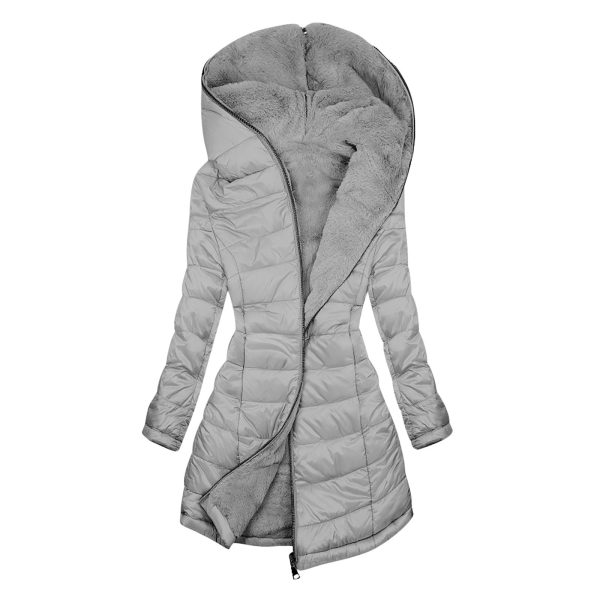 European And American Zipper Outer Wear Hooded Warm Fleece-lined Mid-length Winter Women's Coat - Image 2
