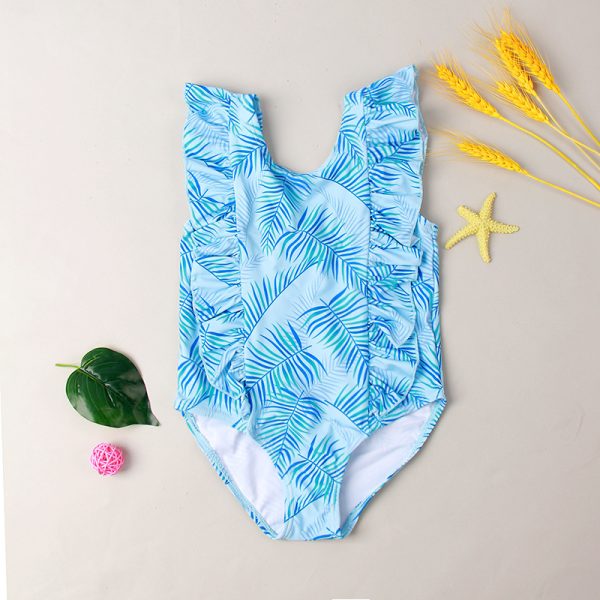 New Girls' One-piece Ruffled Green Leaf Pattern Swimsuit - Image 3