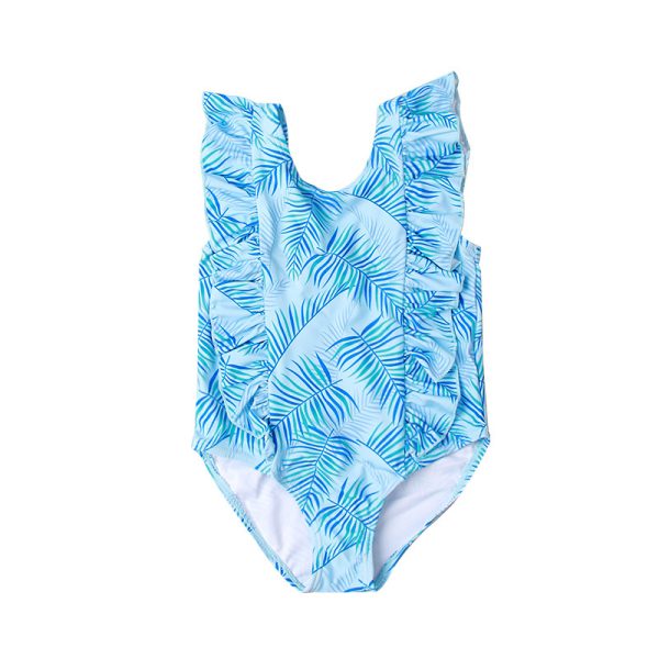 New Girls' One-piece Ruffled Green Leaf Pattern Swimsuit - Image 5