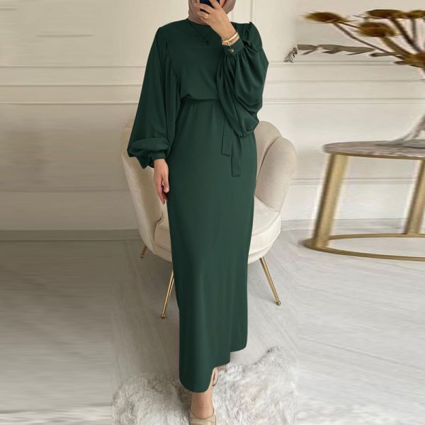 Solid Color Long Sleeve Casual Muslim Dress Robe Robe Dress - Image 3